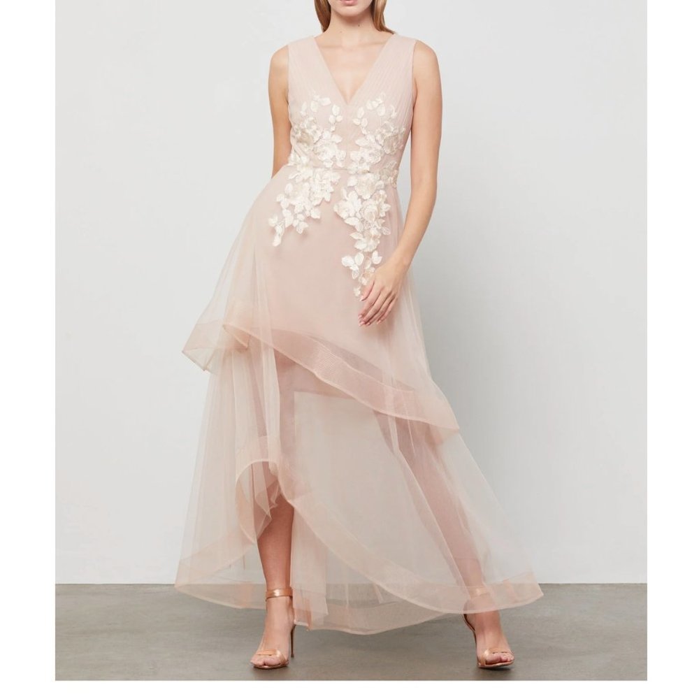 BCBG Max Azria Floral Sheer Embroidered Appliquéd Asymmetrical Gown Nude Pink - Picture 2 of 8